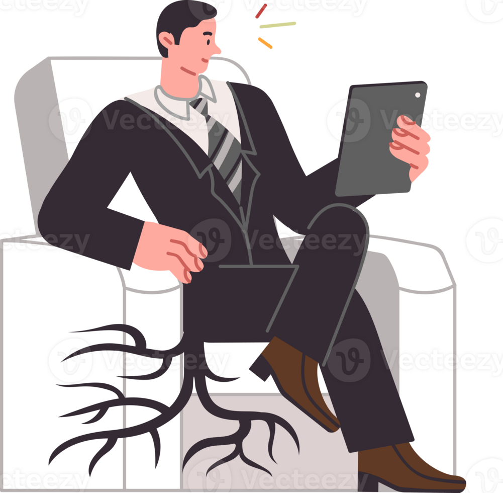 Business man with sedentary lifestyle runs risk developing osteochondrosis and problems with spine. Manager uses gadget taking root through chairs due to long lack of movement and sedentary lifestyle. png