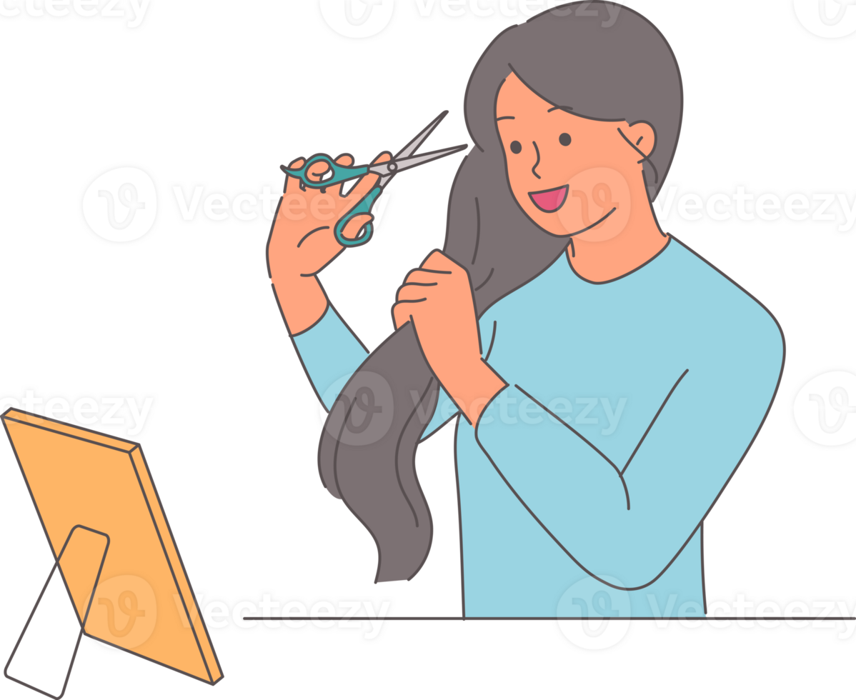 Woman cuts hair, wanting to change hairstyle without going to hairdresser, stands near table with mirror. Girl with scissors cuts hair, getting rid of long braid and updating own image png