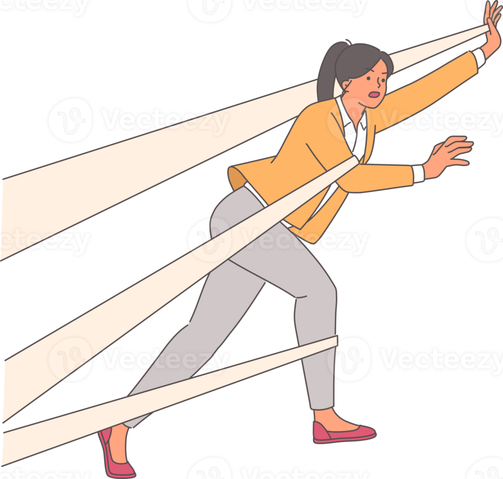 Business woman is trying to get rid of chaotic shackles that fetter body and prevent from moving forward. Successful girl advances in career despite problems and shackles that complicate task png