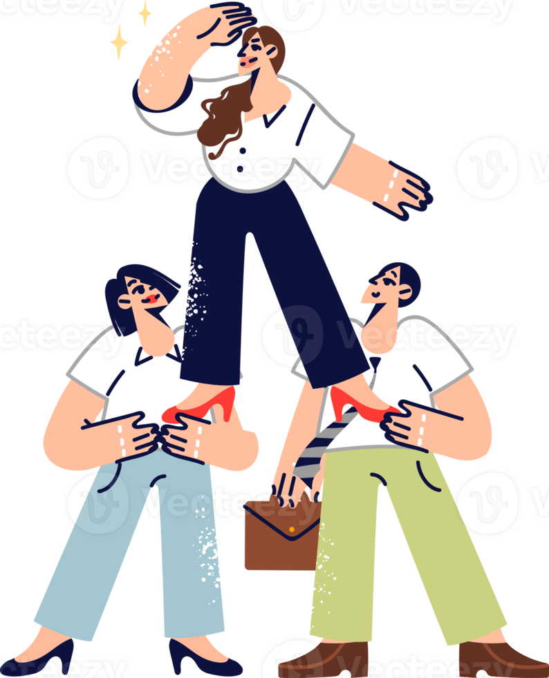 Woman leader looks around in search of new opportunities, with support of two colleagues. Teamwork of office employees thanks to trust in leader who has proven own professionalism. png
