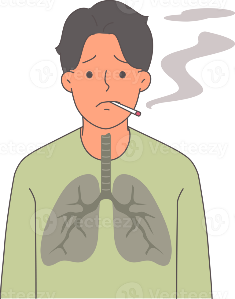 Man smoker with lung cancer suffers from nicotine addiction, stands with cigarette in mouth. Problem smoking destroyed health of smoker, unable to give up cigarettes and lead healthy lifestyle. png