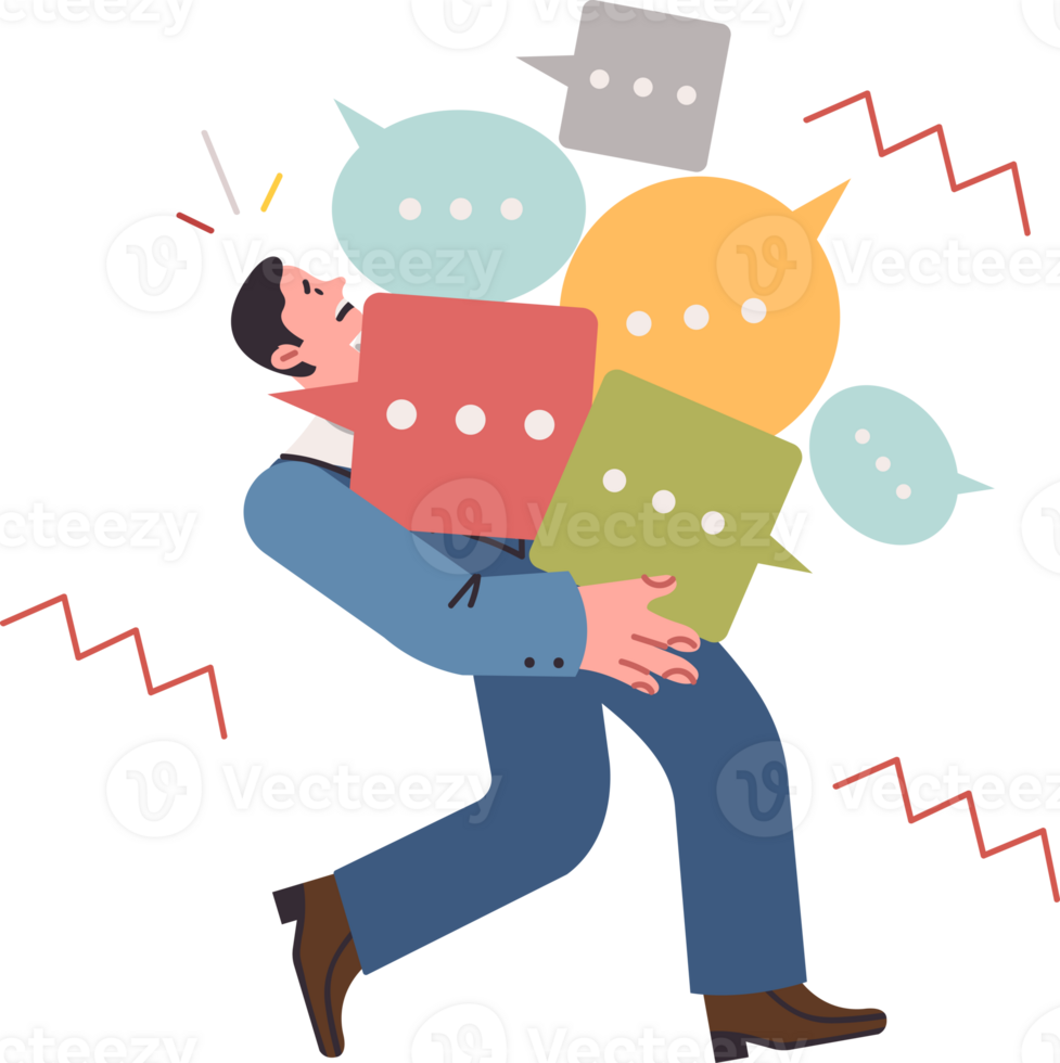 Overworked male analyst holding received feedback and customer reviews in form of speech bubbles. Business man preparing for marketing research feedback from potential clients and buyers png