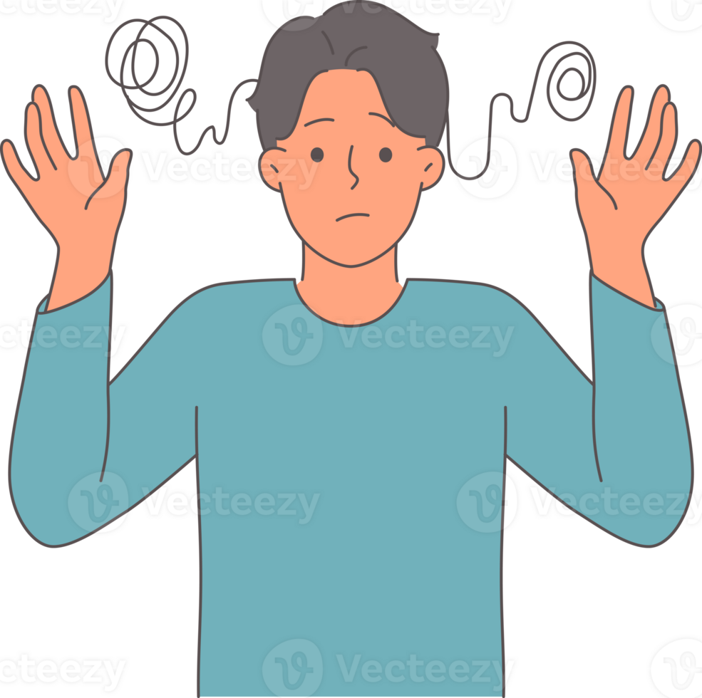 Man with obsessive compulsive disorder feels confused and raises hands in need of ocd treatment. Young guy with ocd does not understand what is happening due to psychological depression png