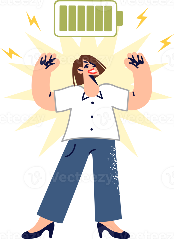 Full of energy woman showing biceps, standing near charged battery, for ready to work concept. Happy business girl is proud of energy received thanks to proper rest and balanced nutrition png