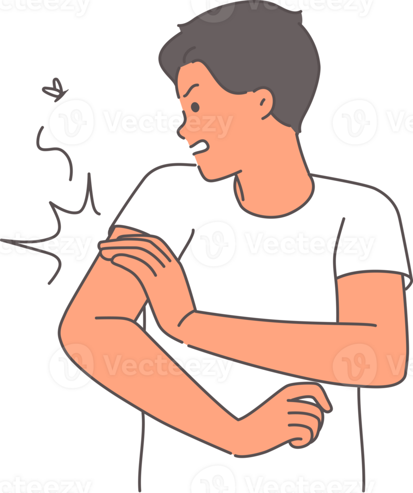 Mosquito bites man hand and causes itching or infects him with malaria through blood. Guy is trying to snatch mosquito, which irritates and spreads dengue virus provocative death in human png