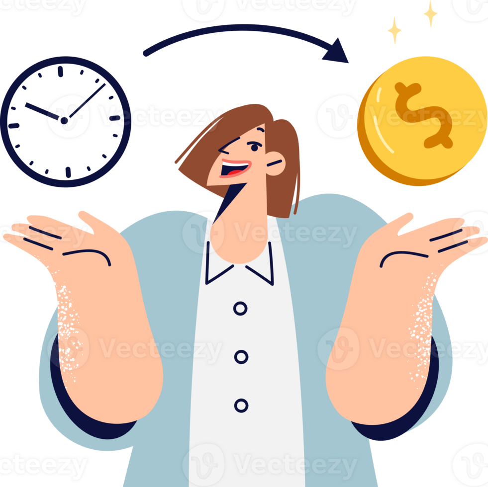 Woman uses time management to increase personal income, stands near clock and coin. Concept exchanging time for money and earning money through consulting or employment in corporation png