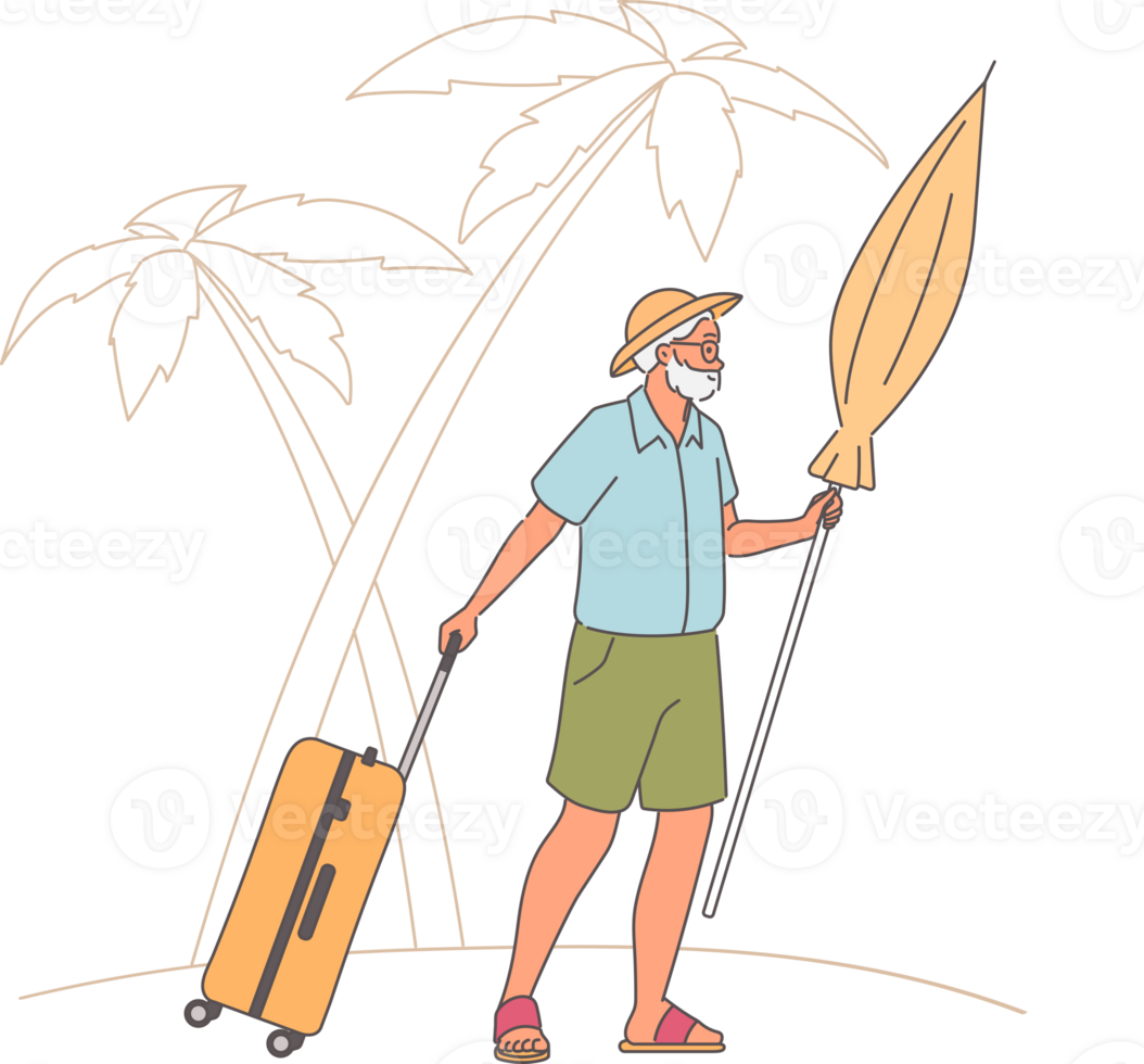 Elderly man went on trip to sea beach with suitcase on wheels and umbrella to protect from sun. Retiree moves to ocean after retirement to spend rest of days on southern beach with palm trees png
