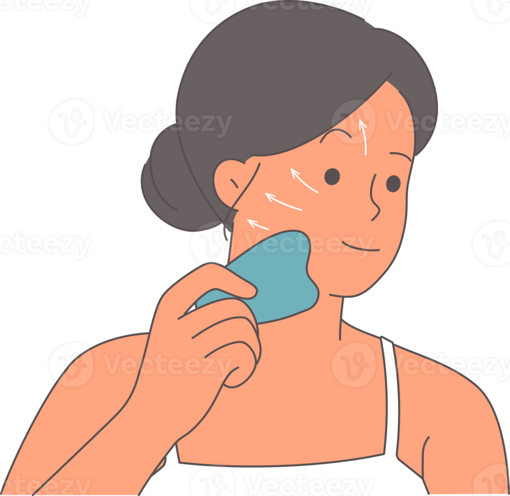 Woman makes facial massage to rejuvenating and get rid of wrinkles using gua sha device. Young girl is engaged in rejuvenating and removing lymph nodes on skin caused by air pollution png