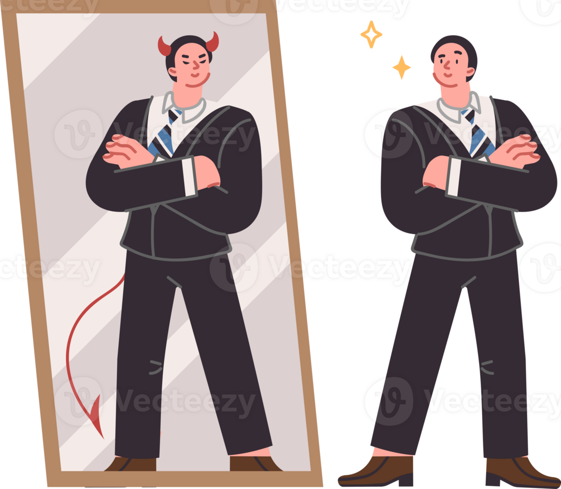 Business man seeing devil in reflection in mirror, for concept of duplicity and hypocritical behavior. Guy is fraudster, evil on inside and kind on outside, showing hypocritical smile to mislead png