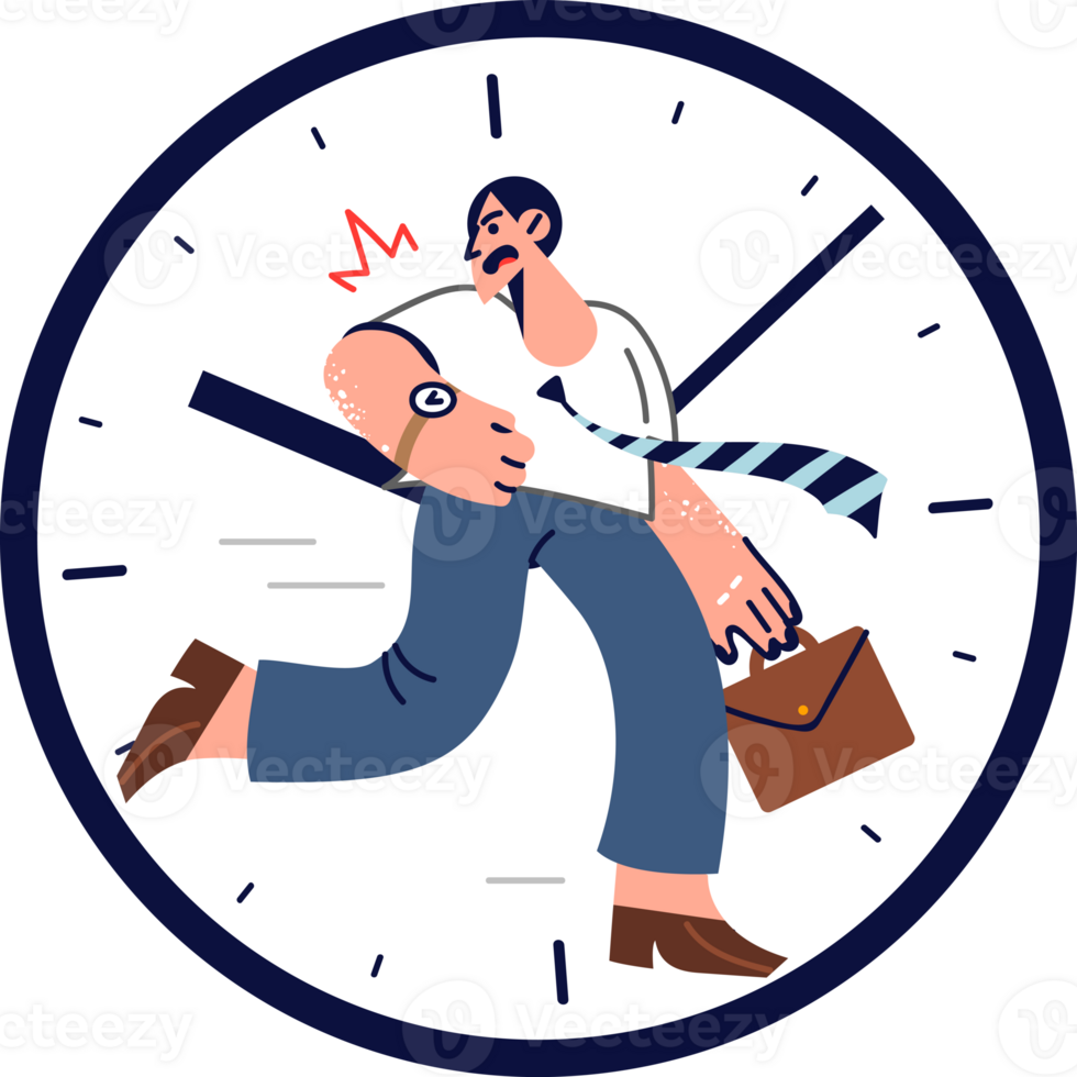 Late business man runs to work, trying meet deadlines, located inside large clock. Guy in hurry fussing because of lack of time management to avoid violating deadlines and wasting unnecessary nerves png