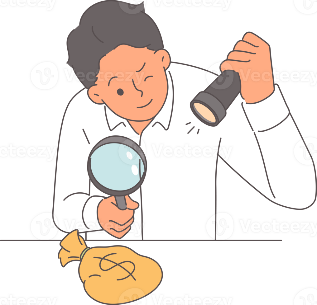 Business man looks at small bag of money after receiving first profit from startup. Guy earning minor income and meager salary uses magnifying glass to see money earned for work did. png