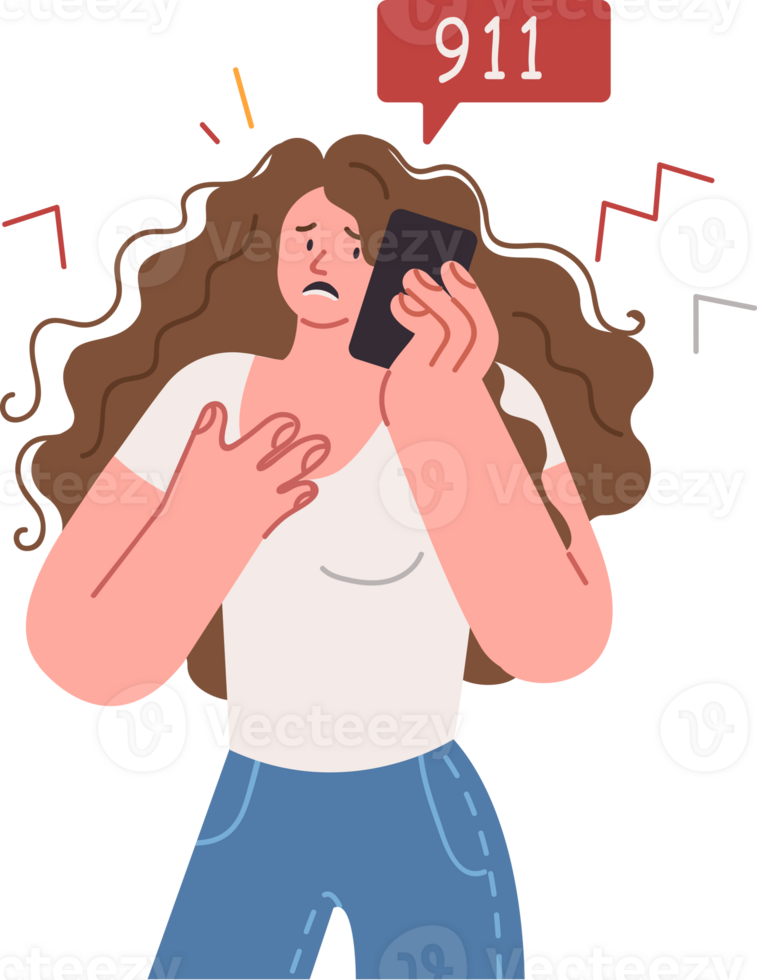 Woman calls 911 to report emergency and call ambulance to provide first medical aid. Excited girl with phone in hand talking to specialists from 911, having seen accident on road and asking for help png