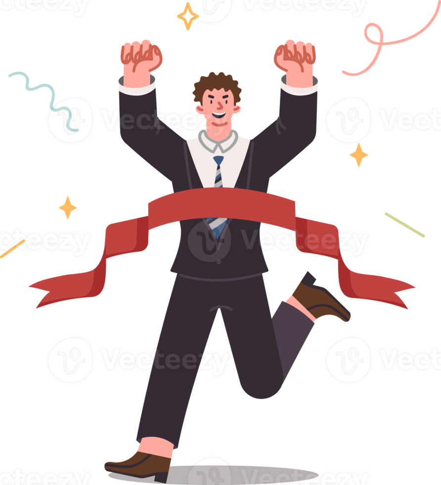 Man champion crosses finish line and raises hands up, celebrating victory in corporate relay race. Guy office manager achieves success and victory in career thanks to leadership thinking png