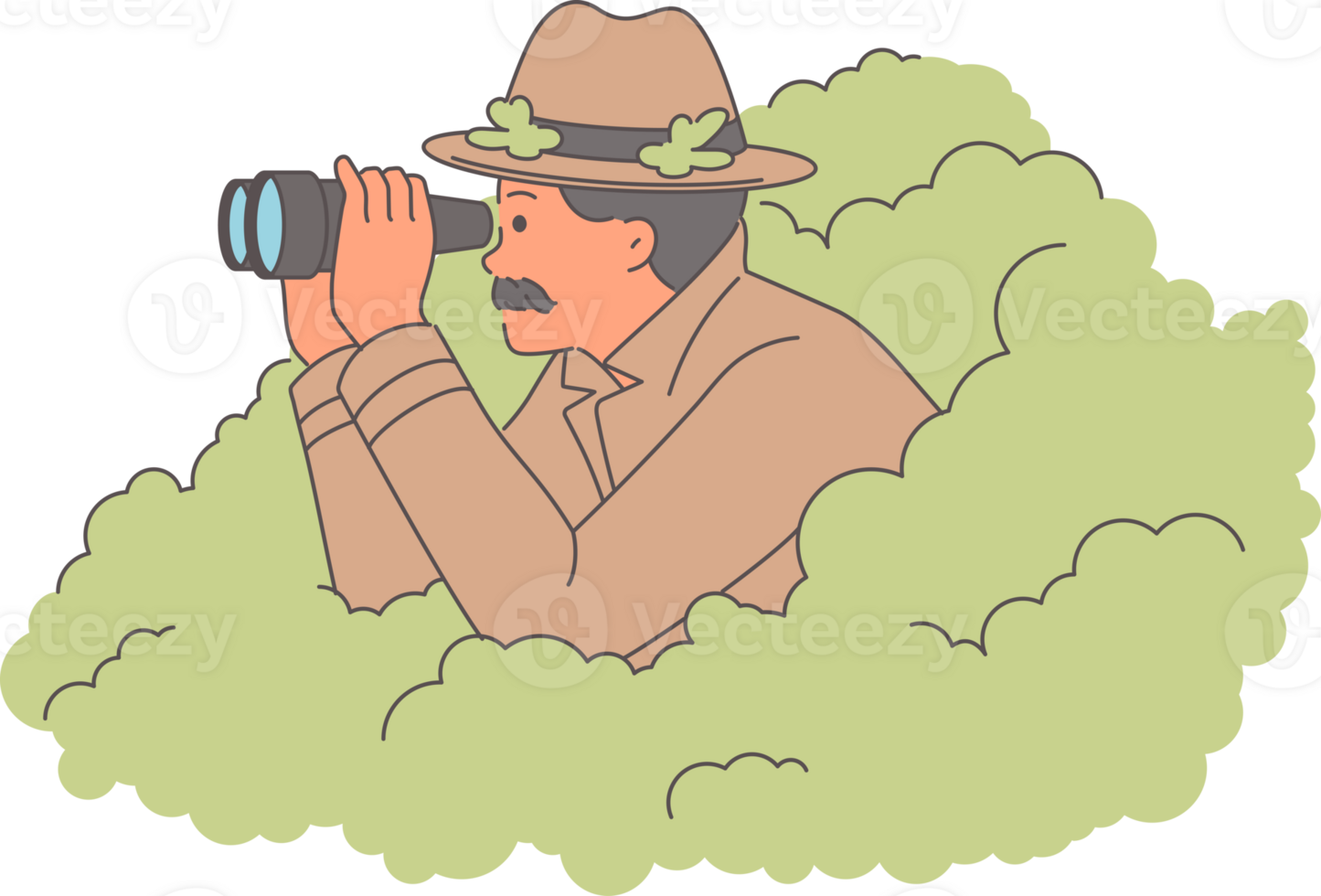 Man private detective is investigating case of adultery, looking out of bushes with binoculars in hands. Detective guy in old-fashioned coat and hat, spying to find murderer or thief png