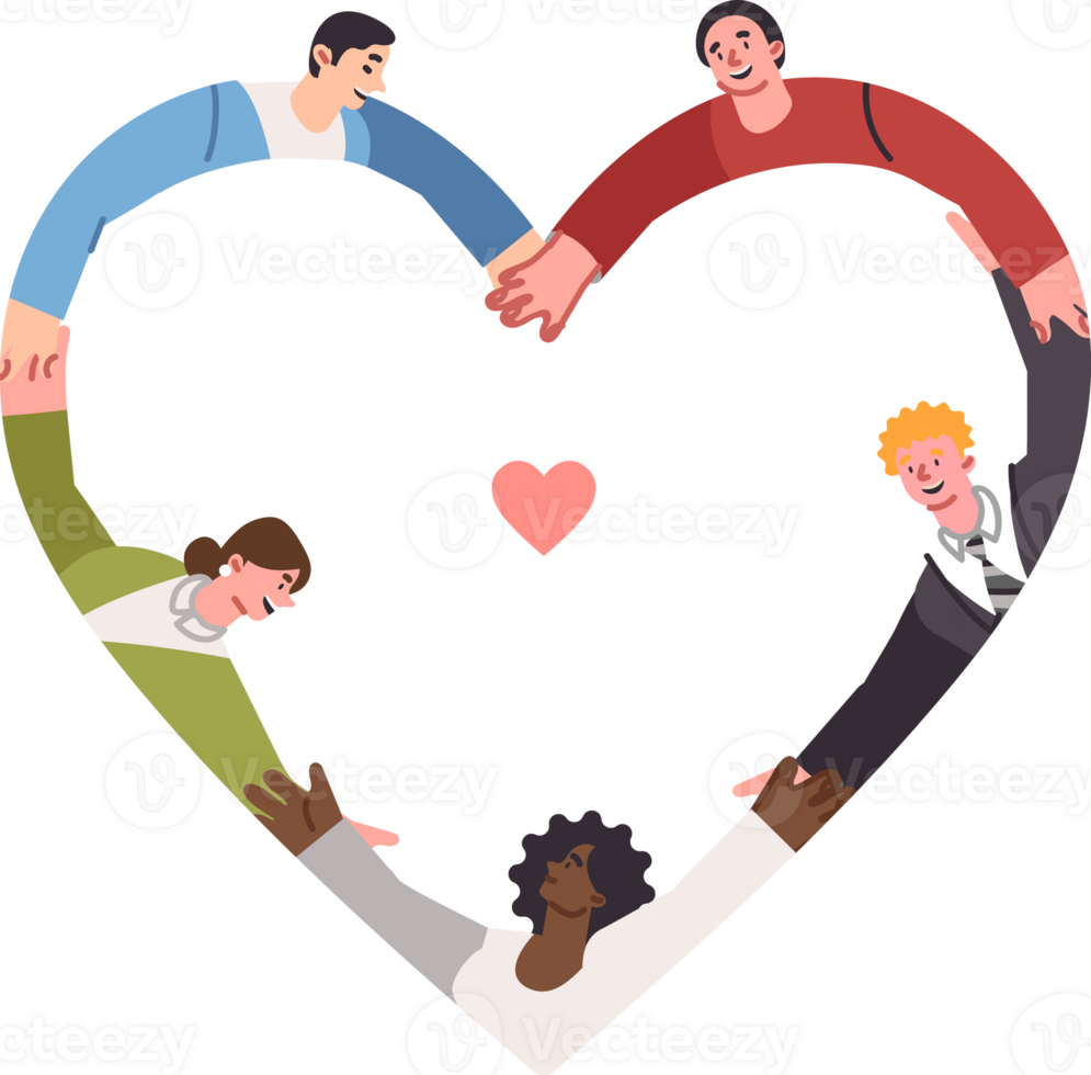 Friendly multinational people hold hands forming heart shape and demonstrate commitment to love and synergy. No discrimination on racial or national basis, we make boys and girls happy png
