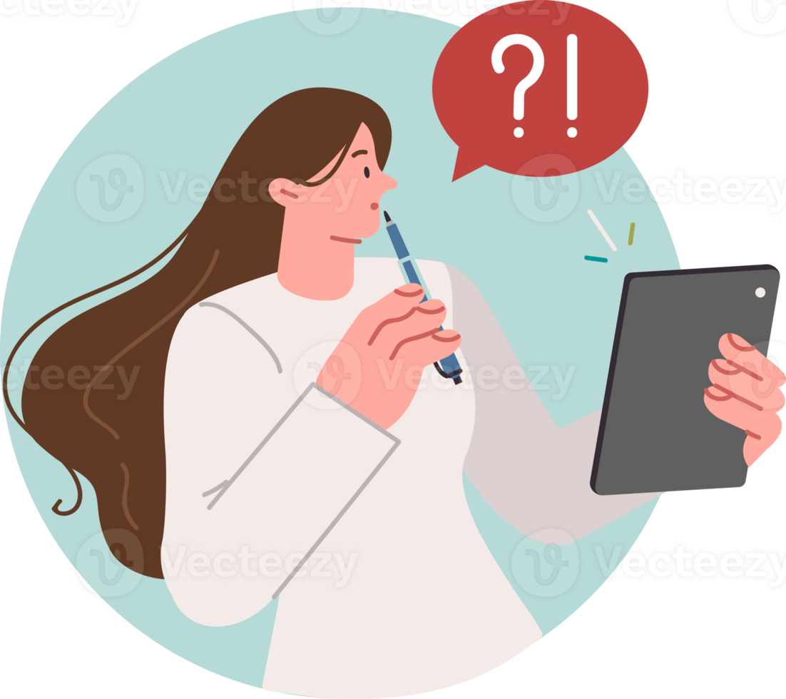 Thoughtful woman with tablet computer takes online test or fills out form on university website png
