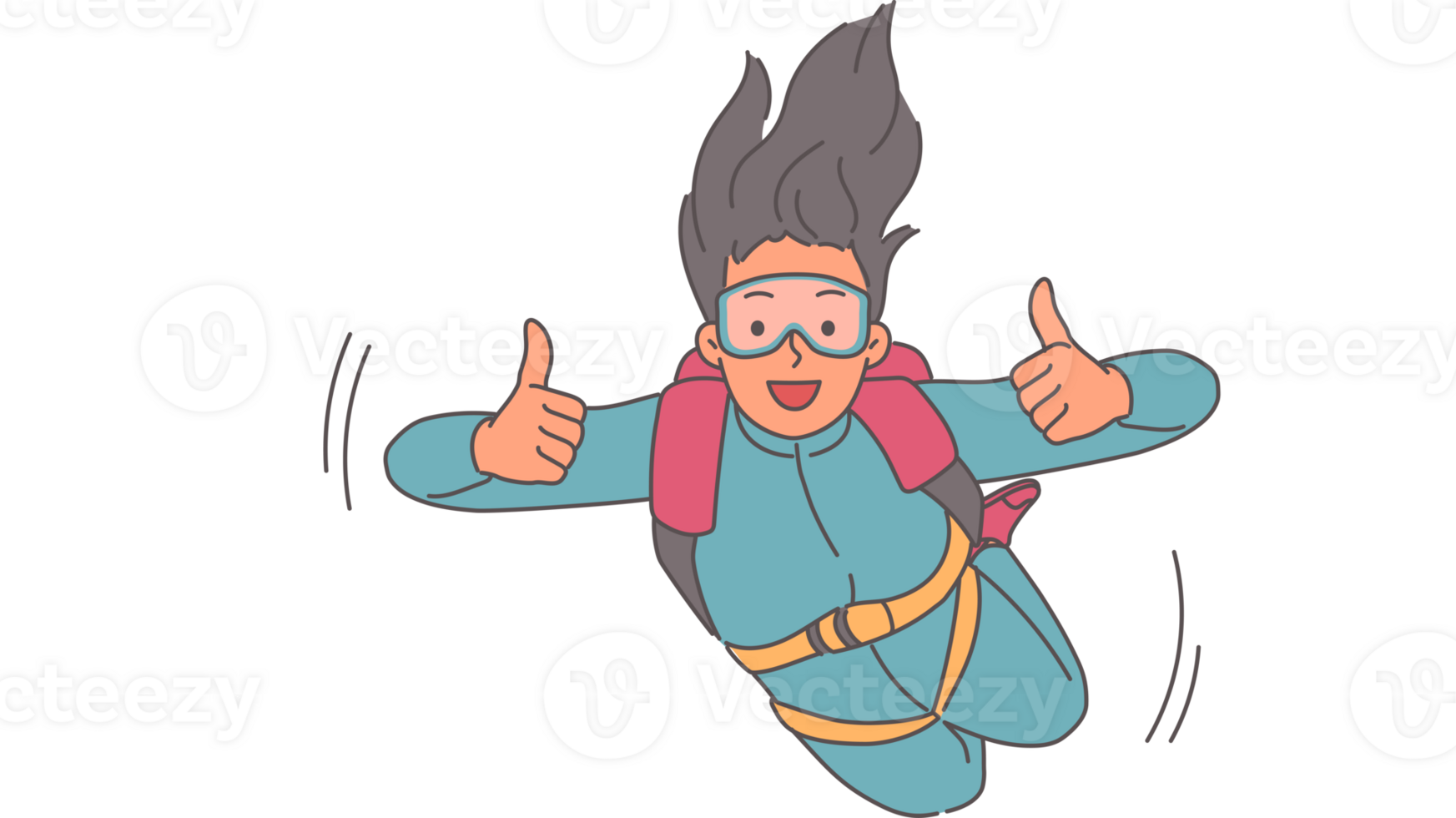 Woman parachutist flies in sky showing thumbs up, enjoying rush of adrenaline in body. Girl parachutist does extreme sports and loves jumping with parachute from airplane, posing in air png