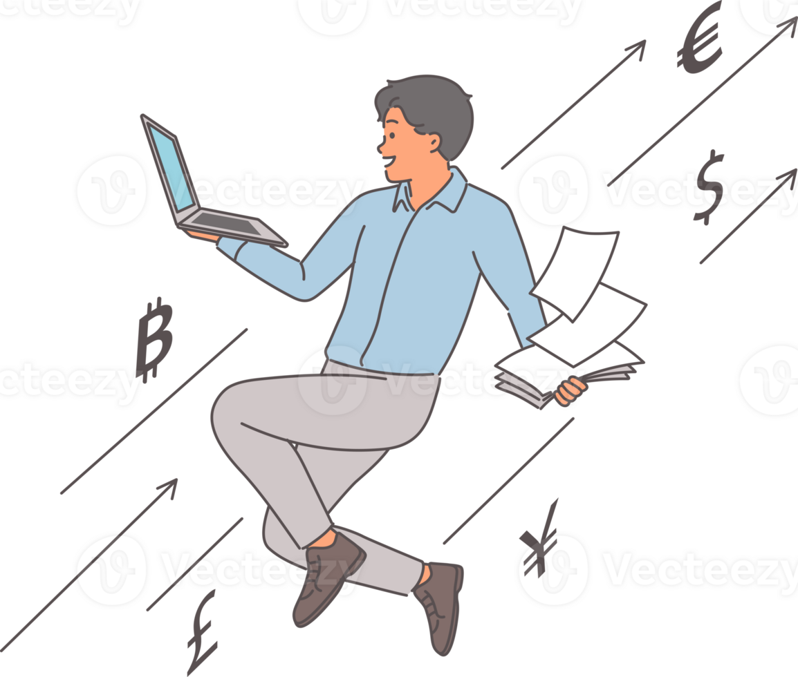 Successful trader makes profit from earning money on cryptocurrency arbitrage and flies with laptop in hands. Guy trader receives money on investments and financial analysis of blockchain png