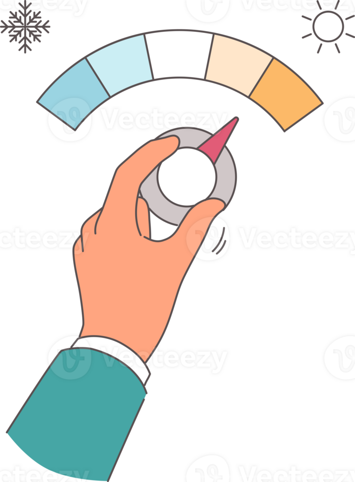 Person hand controls thermostat and increases supply of cold air in home or office. Adjusting thermostat as metaphor for controlling climate change and weather after change of season png