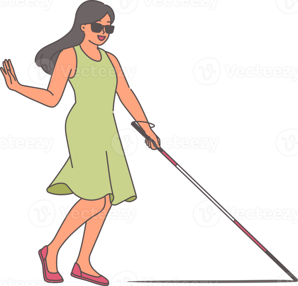 Blind woman walks around city using cane to find way, enjoying life despite health problems. Blind cheerful girl in sunglasses in summer dress, rejoices at opportunity to walk independently png