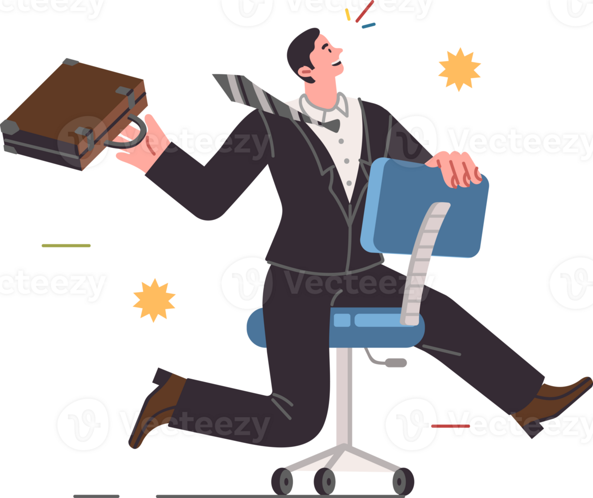 Business man rides on office chair and rejoices at opportunity to build career and gain new professional skills. Business guy experiences euphoria after achieving goal or increasing salary and bonuses png