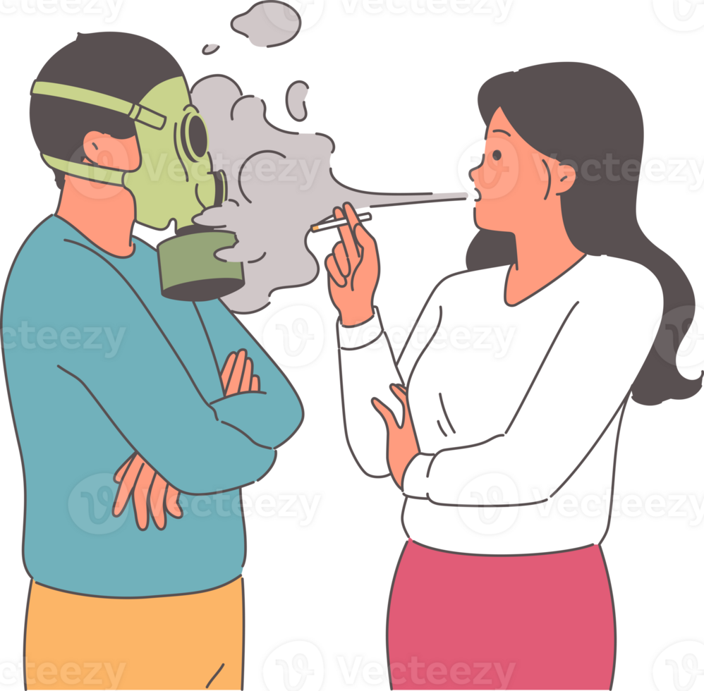Problem of passive smoking causes discomfort for man using gas mask, standing next to woman with cigarette. Passive smoking when communicating with people with tobacco or nicotine addiction png