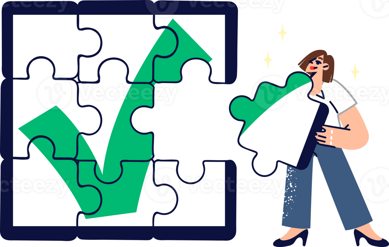 Business woman single-handedly completed task of completing puzzle with check mark, symbolizing successful completion of project. Smart businesslady coped with task set by company manager png