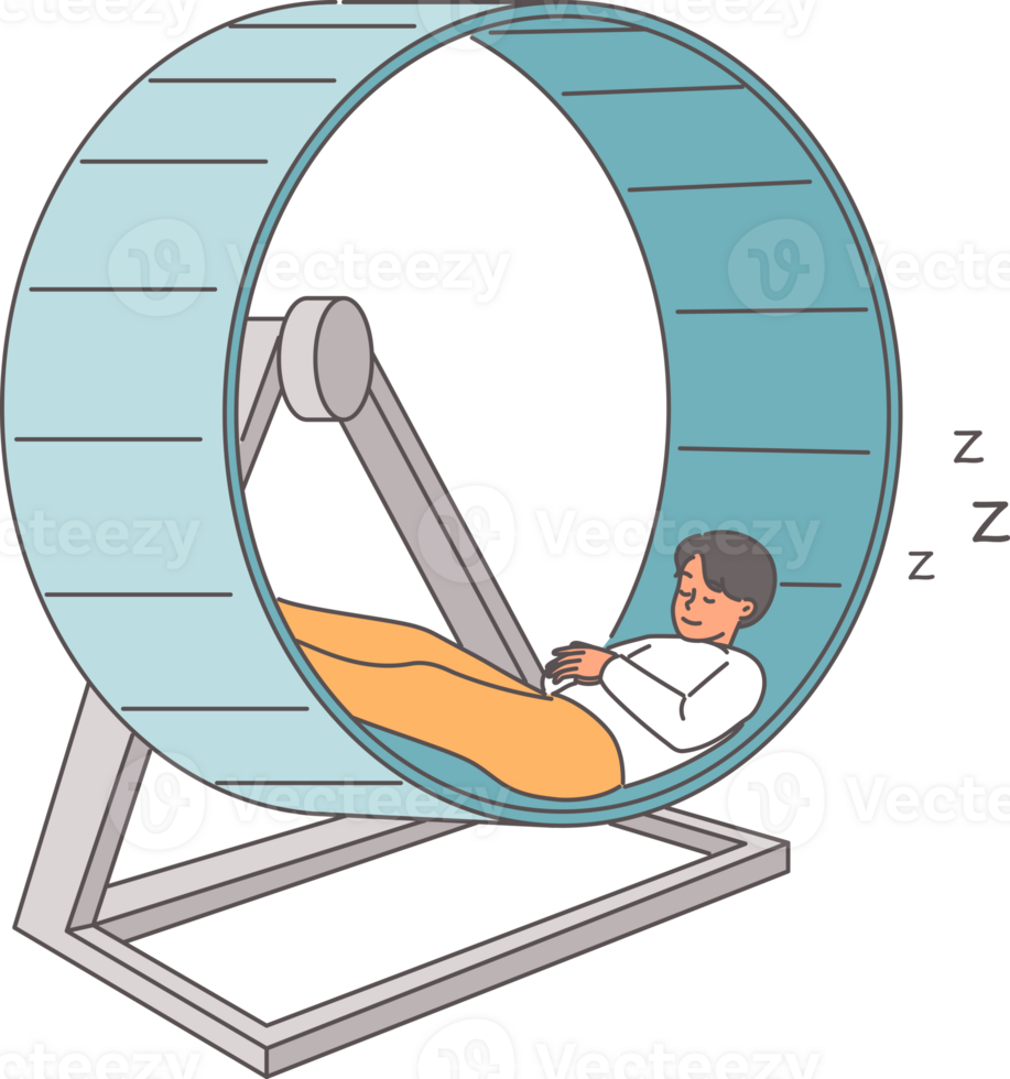 Man sleeps on hamster wheel after professional burnout caused by routine, uninteresting job. Tired guy does not want to work and is resting at workplace, due to laziness and not wanting to get burnout png