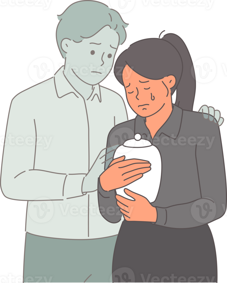 Widow woman mourns death of husband and holds urn with ashes, feeling support of deceased spouse. Grief of widow in need of help due to loneliness and melancholy causing depression png