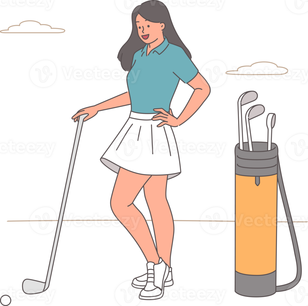 Woman stands with golf club and smiles, preparing to make shot to drive ball into hole. Young girl is interested in golf and enjoys game in fresh air, which allows to develop accuracy. png