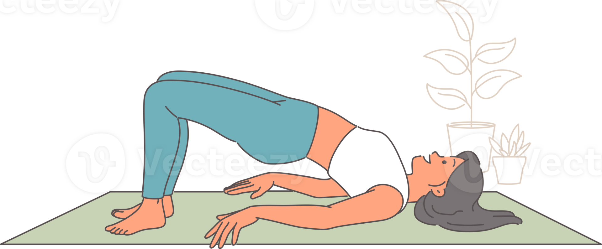 Woman does pilates on yoga mat, showing flexibility and feeling better through stretching. Positive girl is interested in pilates, which allows to have beautiful figure and excellent health. png