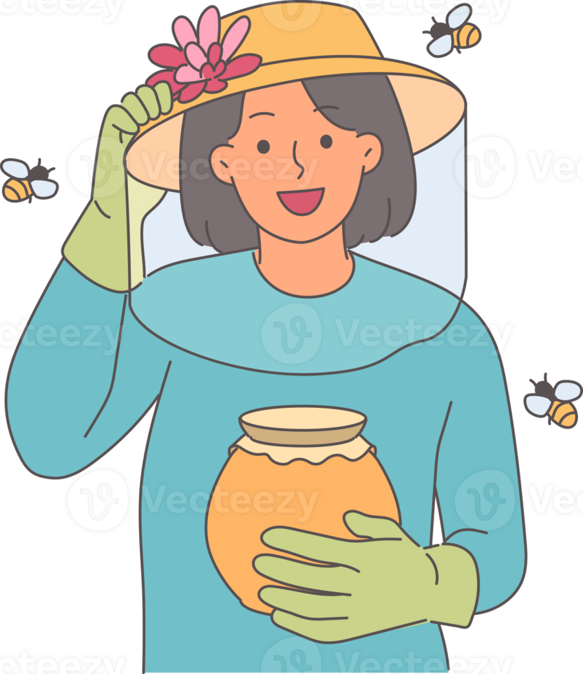 Woman beekeeper holds jar of honey, standing among flying bees, uses net and gloves to protect skin. Happy girl beekeeper is engaged in farming and producing organic food or propolis. png