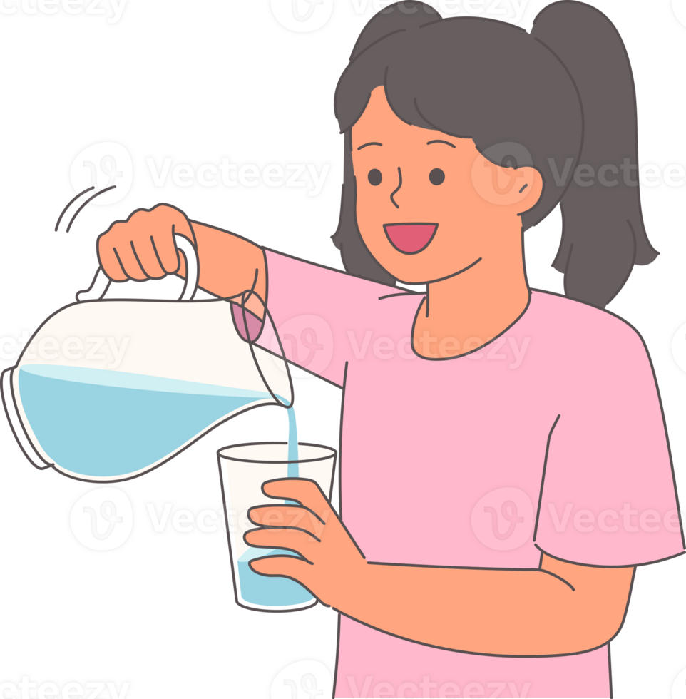 Little girl pours water into glass from decanter to quench thirst after summer walk. Happy child rejoices at opportunity to drink clean, refreshing water with tonic and detox effect png