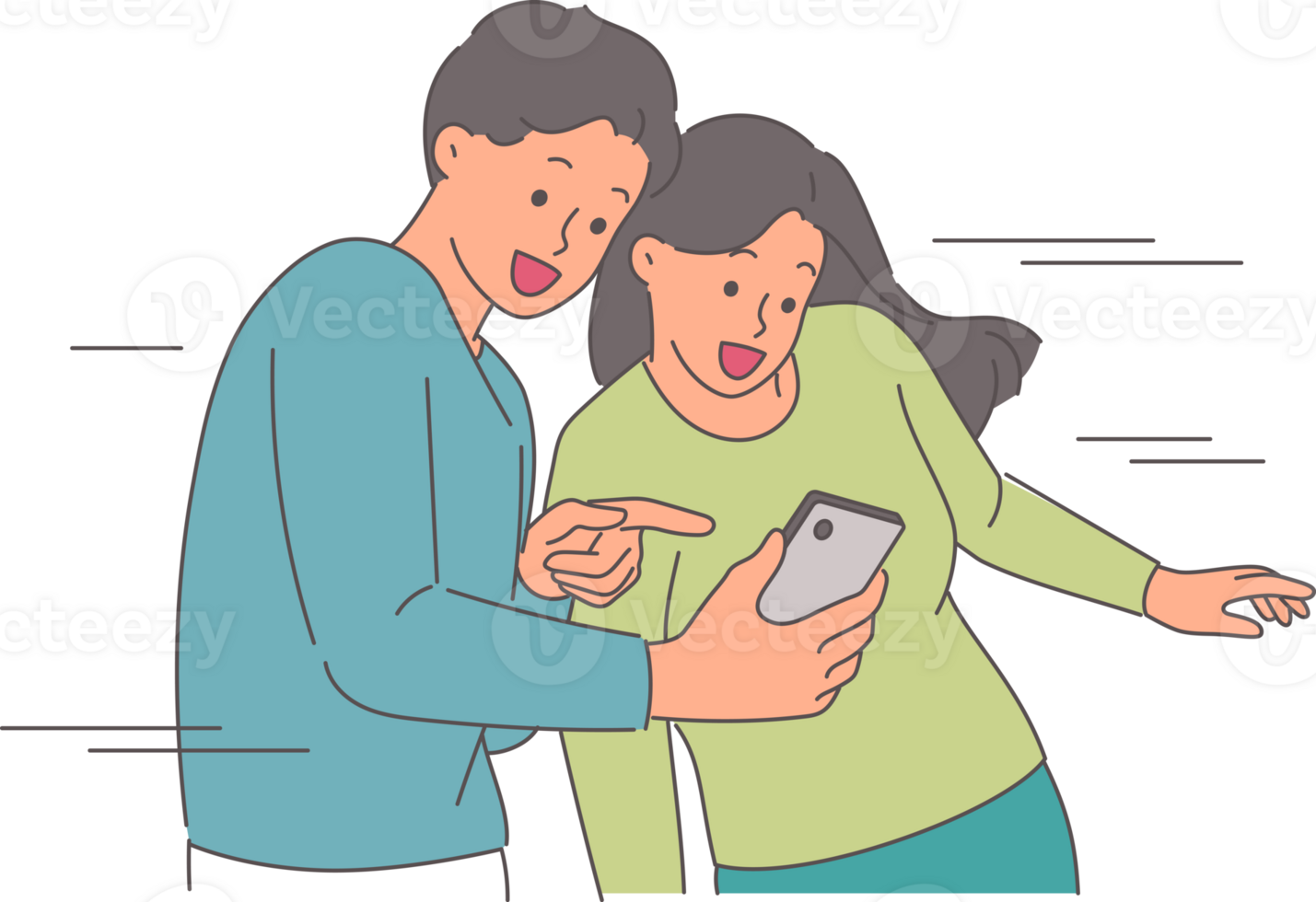 Man shows mobile phone with new application to girlfriend, boasting about great purchases in online store. Happy couple making call together via phone or smartphone to see friends png