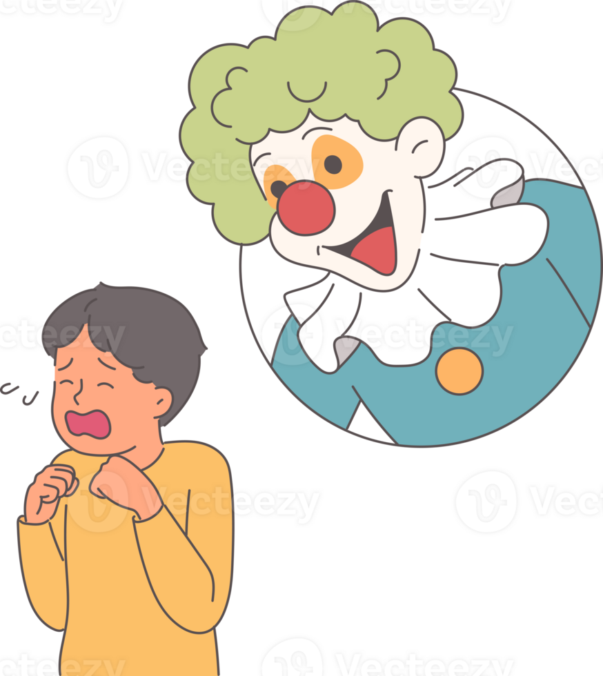Hysterical behavior of little boy, seeing clown and frightened due to coulrophobia caused by psychological trauma. Problem of coulrophobia in crying child who needs help of psychotherapist png