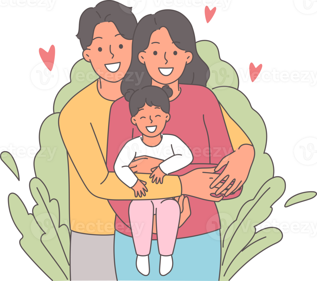 Happy family of mom and dad with little girl in arms, standing near bush and with smile looking at camera. Young couple with child celebrate family day and enjoy spending time together png