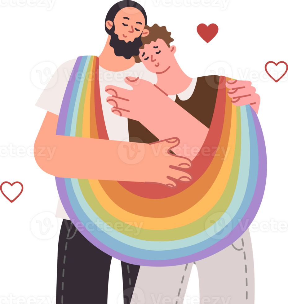 Two gay men in love with LGBT flag hugging, inviting to parade in honor of pride month. LGBT couple promotes importance of protecting rights of sexual minorities and legalization of same-sex marriage png