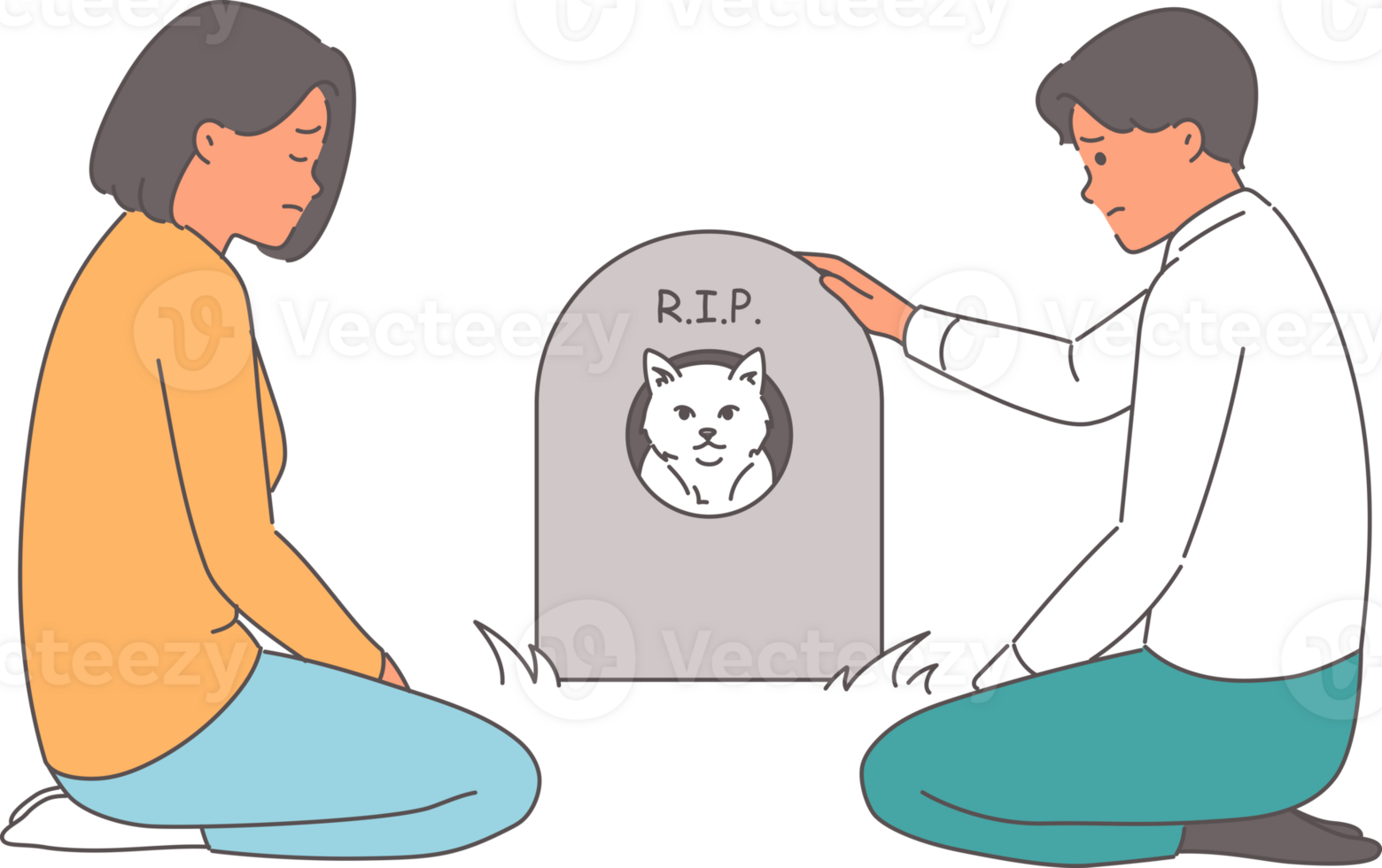 Sad people bury beloved cat sitting near gravestone with inscription rip and portrait of cute pet. Man and woman near grave in pet cemetery, mourning kitten that has become member of family png