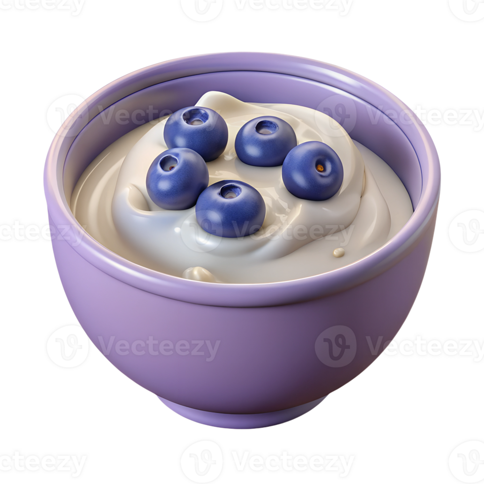 Bowl with yogurt and fresh blueberries 3d icon isolated on the transparent background png