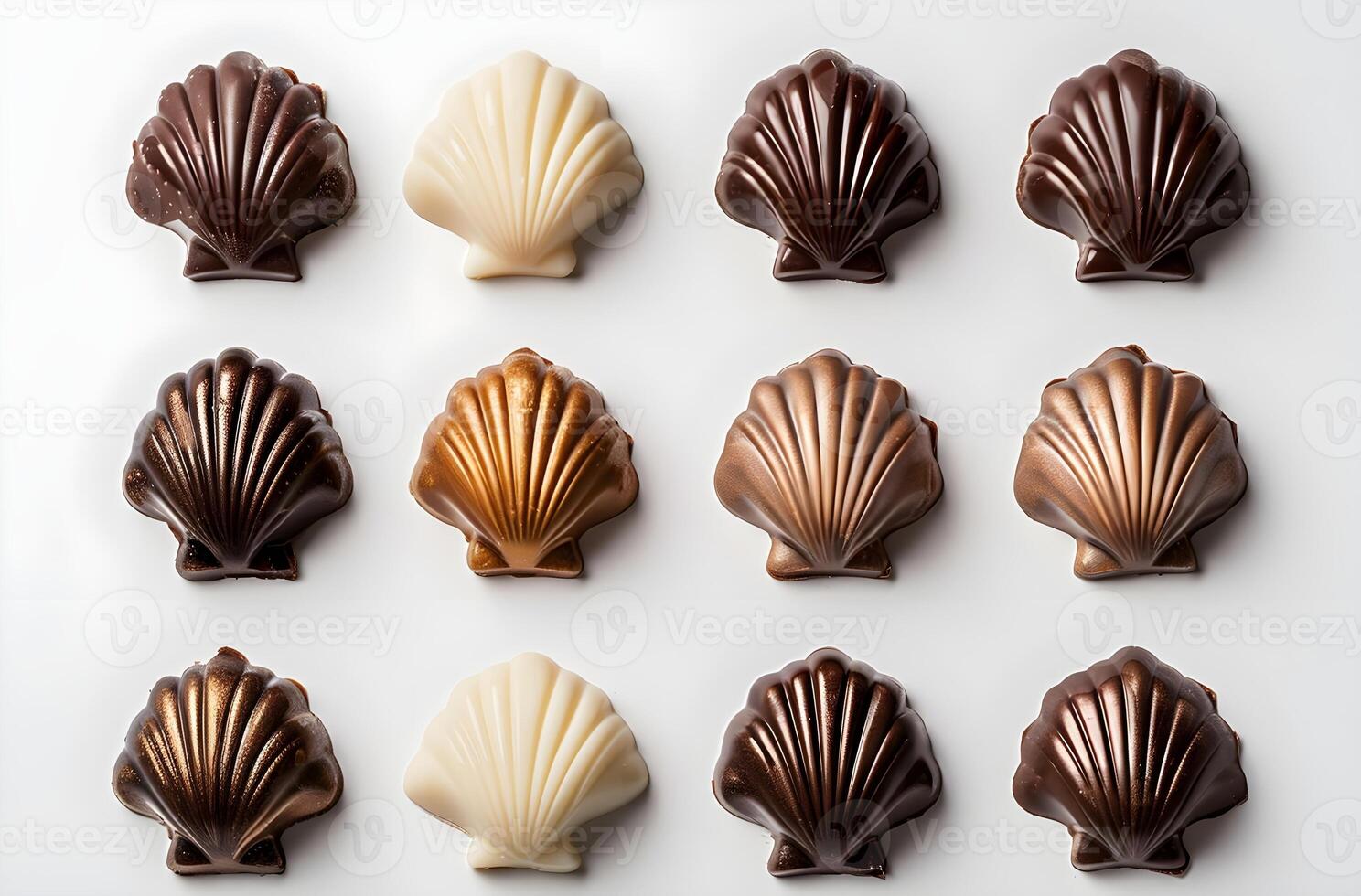 Chocolate seashells variety isolated on white background photo