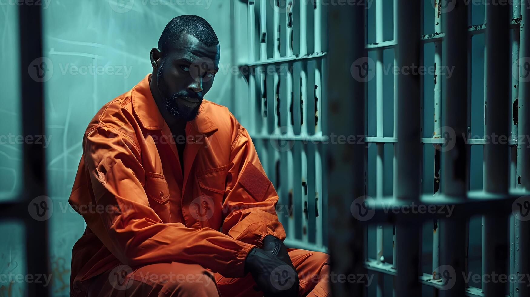 Man in prison wearing a jumpsuit photo