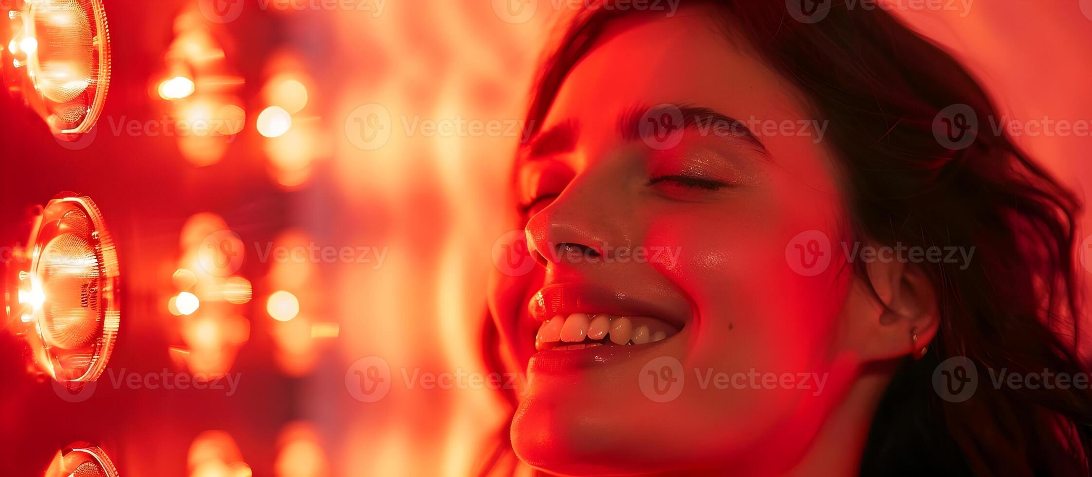 Woman smiling in red light therapy room receiving collagen boost photo