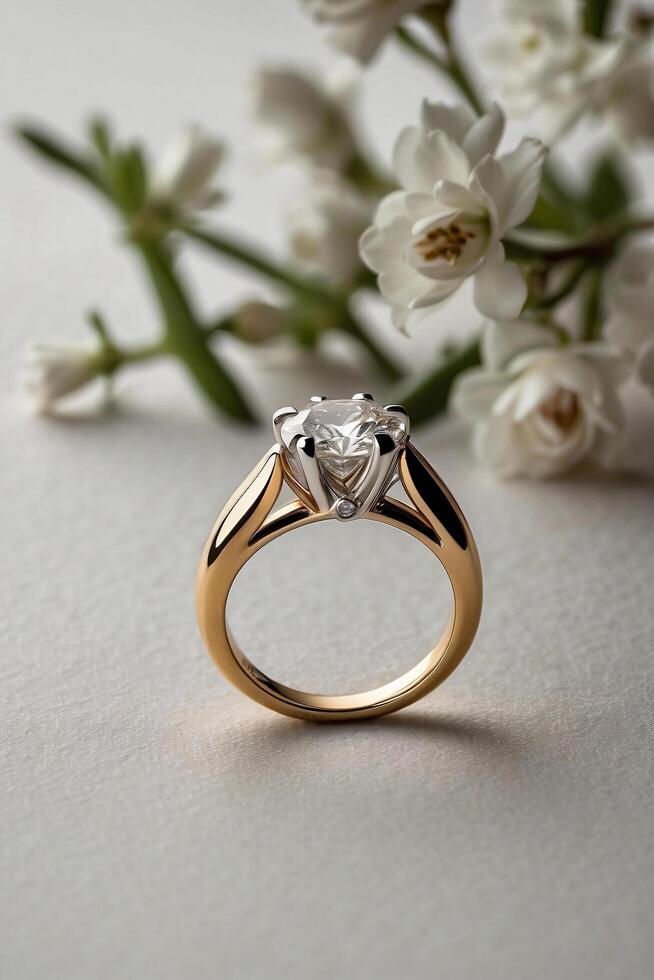 an elegant diamond engagement ring with a prominent solitaire, set on a slender gold band. The textured grey background adds a touch of sophistication photo