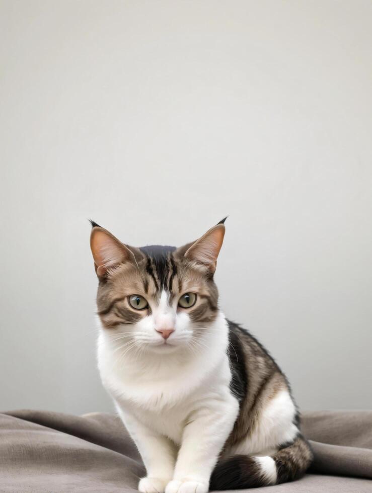 A cat sits against a plain background photo