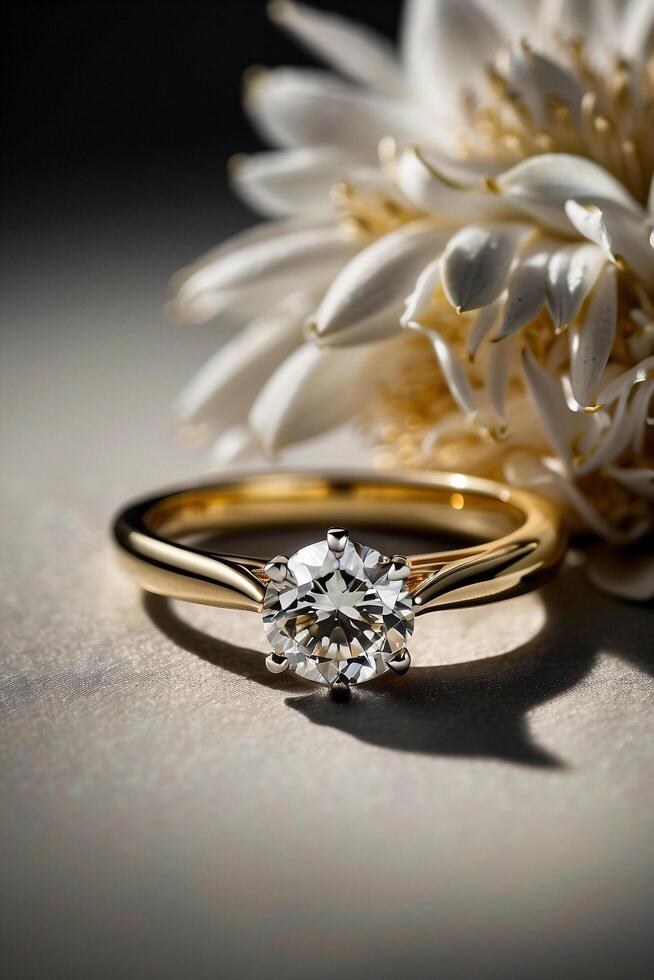 an elegant diamond engagement ring with a prominent solitaire, set on a slender gold band. The textured grey background adds a touch of sophistication photo