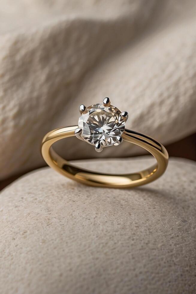 an elegant diamond engagement ring with a prominent solitaire, set on a slender gold band. The textured grey background adds a touch of sophistication photo