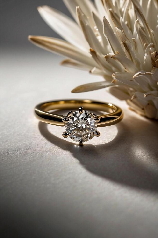 an elegant diamond engagement ring with a prominent solitaire, set on a slender gold band. The textured grey background adds a touch of sophistication photo