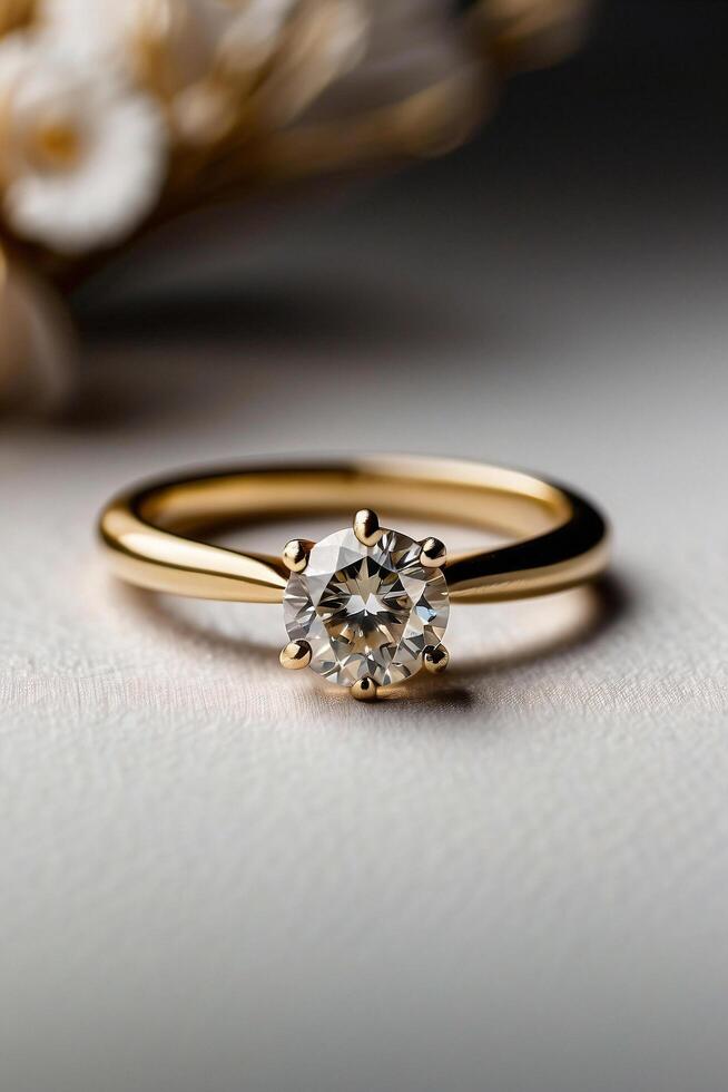 an elegant diamond engagement ring with a prominent solitaire, set on a slender gold band. The textured grey background adds a touch of sophistication photo