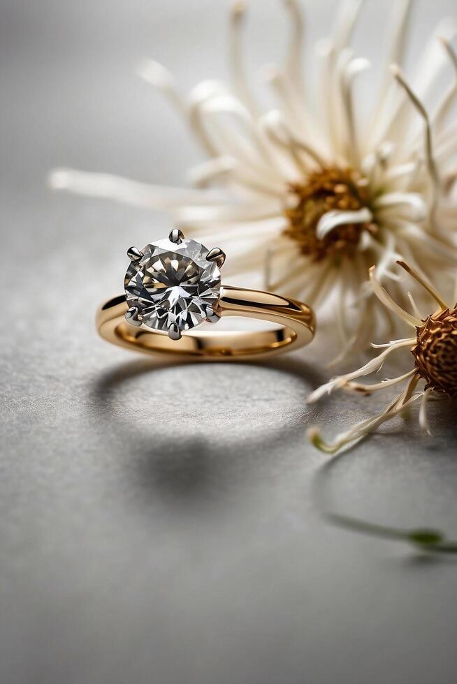 an elegant diamond engagement ring with a prominent solitaire, set on a slender gold band. The textured grey background adds a touch of sophistication photo