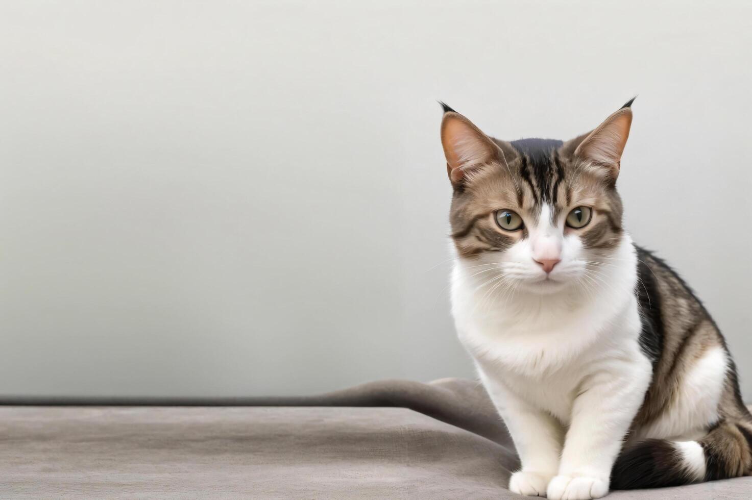A cat sits against a plain background photo